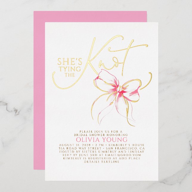 Pink Bow She's Tying The Knot Bridal Shower Foil Invitation (Front/Back)
