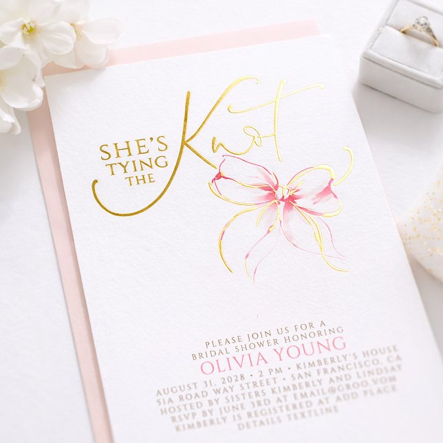 Pink Bow She's Tying The Knot Bridal Shower Foil Invitation (Pink Bow Bridal Shower Gold Foil Invitation)