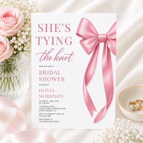 Pink Bow She's Tying The Knot Bridal Shower Invitation