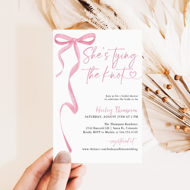 Pink Bow She's Tying The Knot Bridal Shower Invitation (Creator Uploaded)
