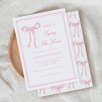 Pink Bow She's Tying The Knot Bridal Shower Invitation by SweetRainDesign at Zazzle