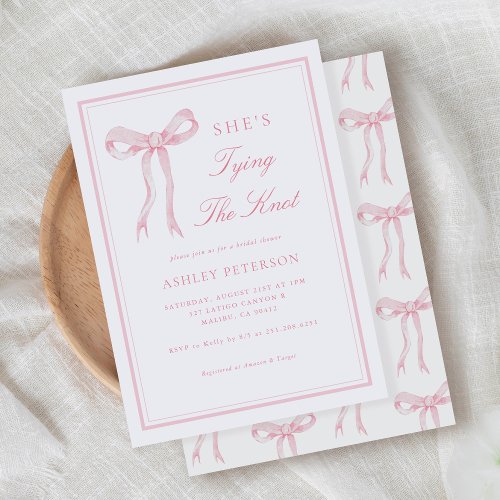 Pink Bow Shes Tying The Knot Bridal Shower Invitation