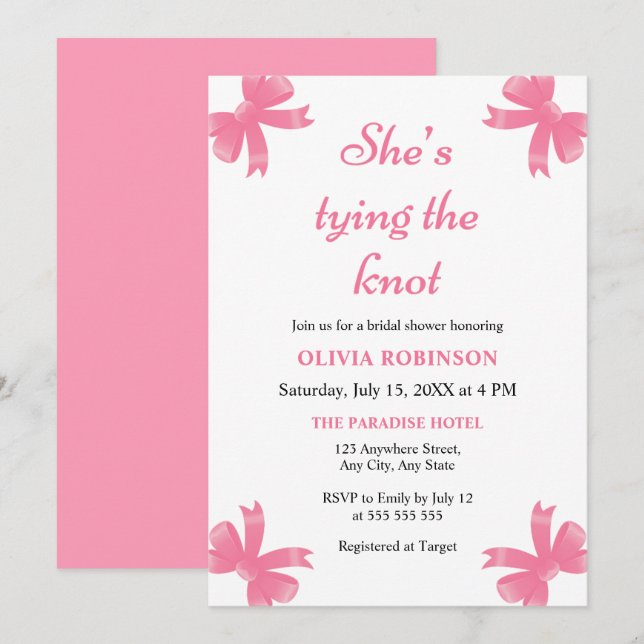 Pink Bow She's Tying the Knot Bridal Shower  Invitation (Front/Back)