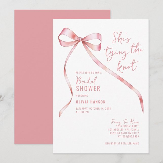 Pink Bow She's Tying the Knot Bridal Shower Invitation (Front/Back)