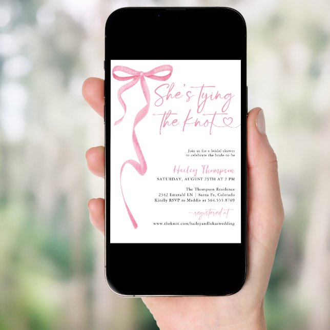 Pink Bow She's Tying The Knot Bridal Shower Invitation (Front Digital)