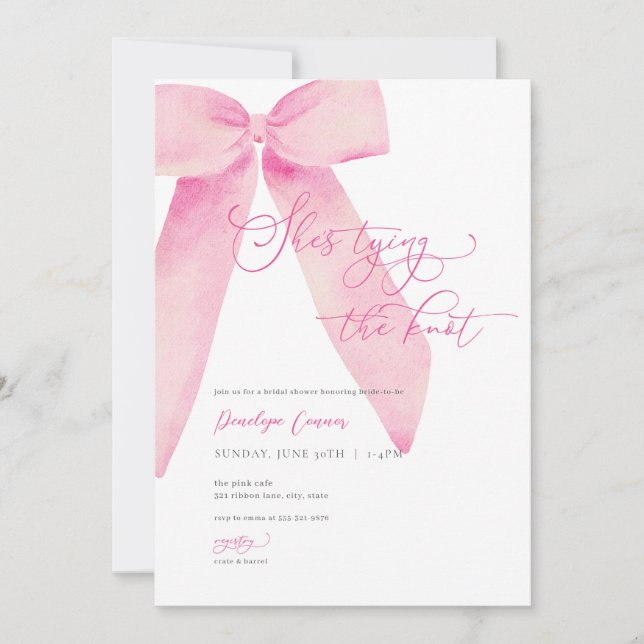 Pink Bow She's Tying the Knot Bridal Shower Invite (Front)