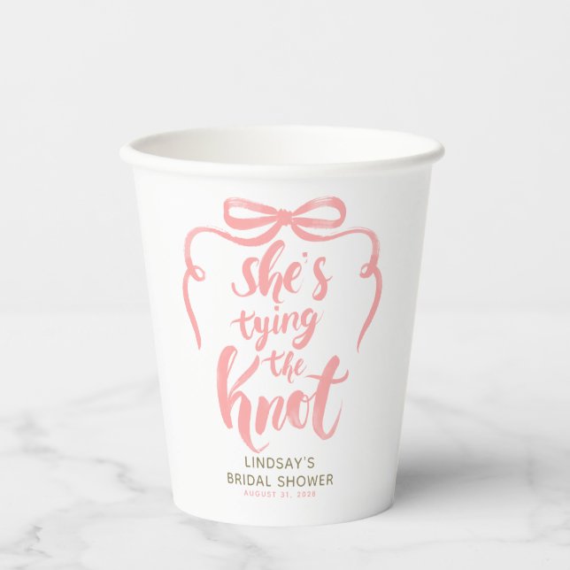 Pink Bow She's Tying the Knot Bridal Shower Paper Cups (Front)