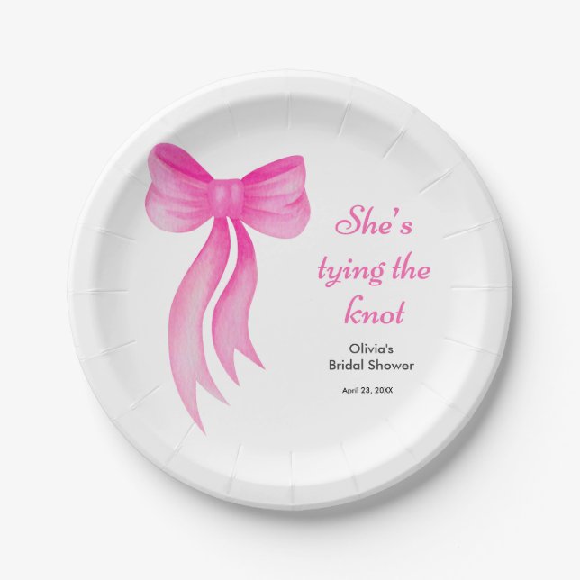Pink Bow She's Tying the Knot Bridal Shower  Paper Plates (Front)