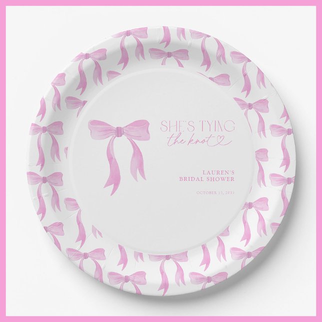 Pink Bow She's Tying The Knot Bridal Shower Paper Plates (Creator Uploaded)