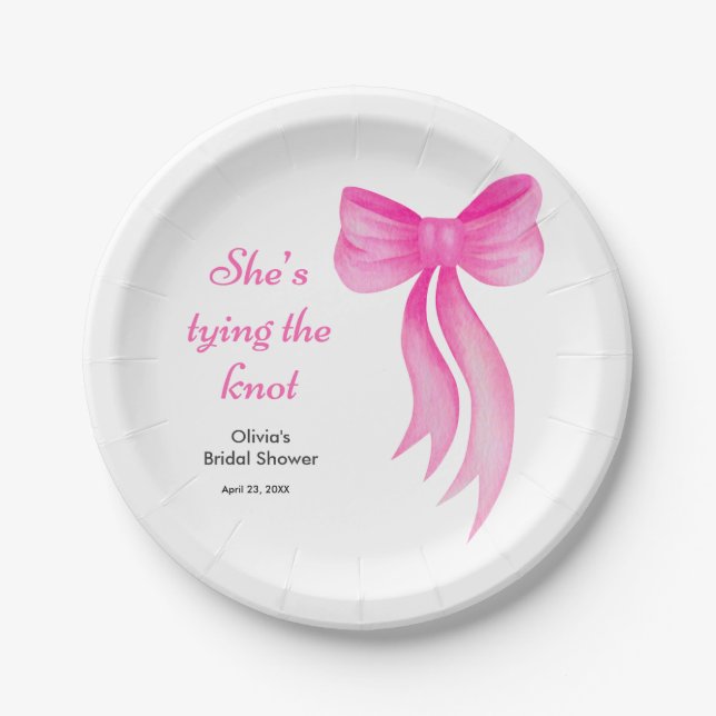 Pink Bow She's Tying the Knot Bridal Shower  Paper Plates (Front)
