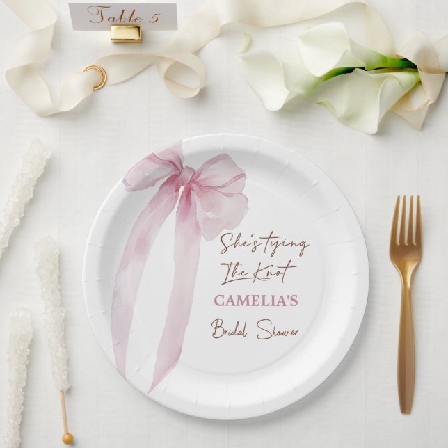 Pink Bow She's Tying The Knot Bridal Shower Paper Plates (Wedding)