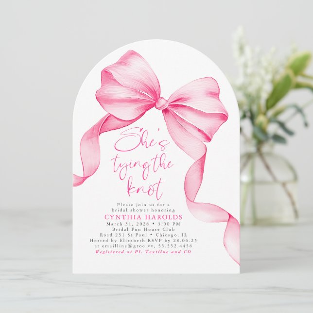 Pink Bow She's Tying the Knot Bridal Shower Photo Invitation (Standing Front)
