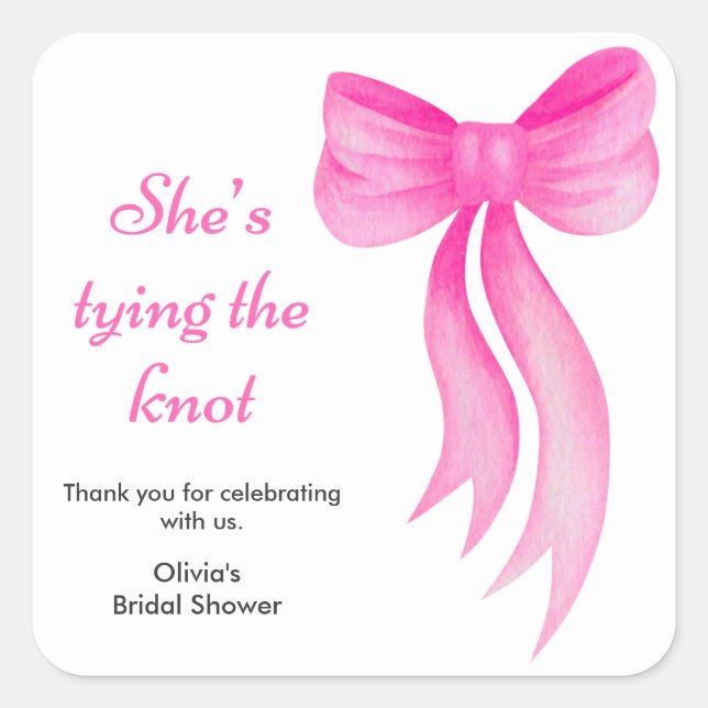 Pink Bow She's Tying the Knot Bridal Shower   Square Sticker (Front)