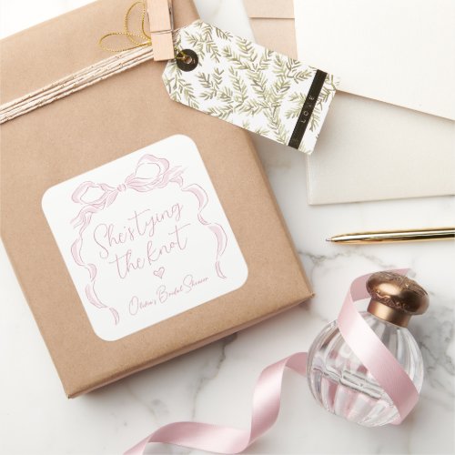 Pink Bow Shes Tying the Knot Bridal Shower Square Sticker