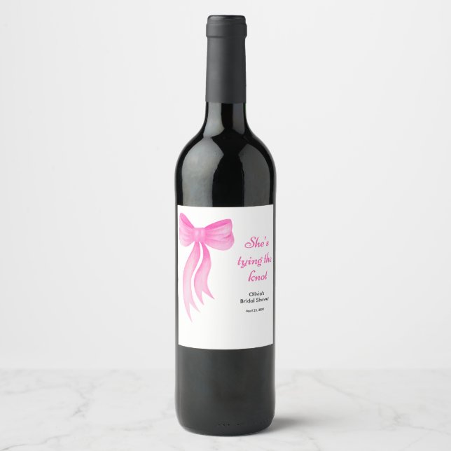 Pink Bow She's Tying the Knot Bridal Shower  Wine Label (Front)
