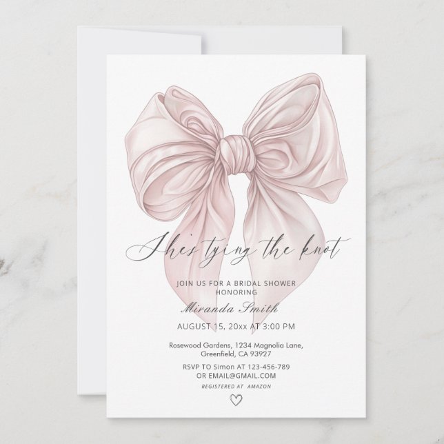 Pink Bow She's Tying The Knot Photo QR Bridal  Invitation (Front)