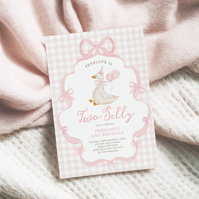 Pink Bow Silly Goose Balloon Girl 2nd Birthday Invitation (Creator Uploaded)