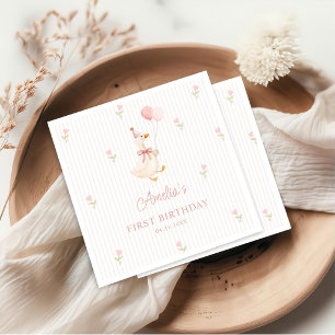 Pink Bow Silly Goose Balloons Floral 1st Birthday Napkins