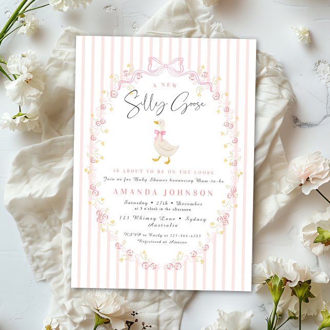 Pink Bow Silly Goose Coquette Gingham Baby Shower Invitation (Creator Uploaded)