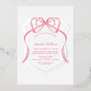 Pink Bow Silver Crest Baptism Foil Invitation