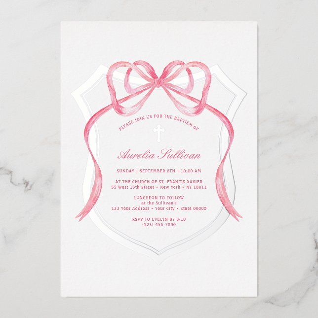 Pink Bow Silver Crest Baptism Foil Invitation (Front)