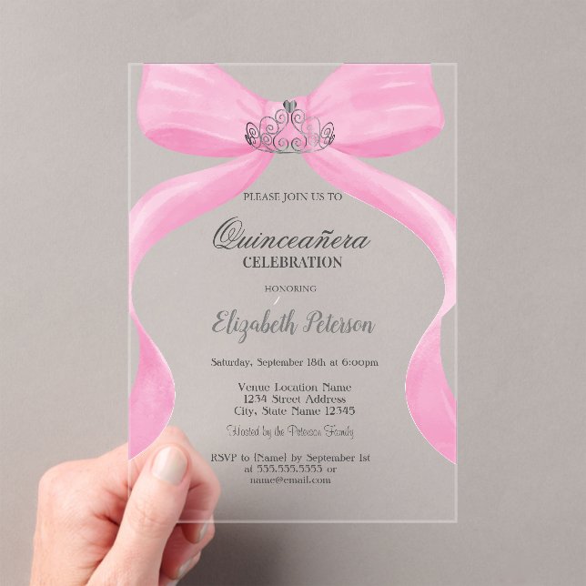 Pink Bow Silver Crown Quinceañera Acrylic Invitations (Insitu (Handheld))