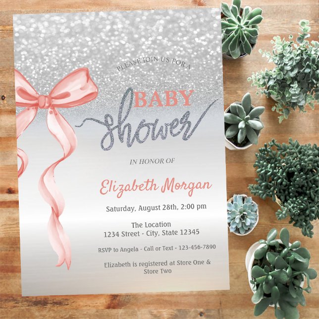 Pink Bow Silver Glitter Bokeh Baby Shower Invitation (Creator Uploaded)