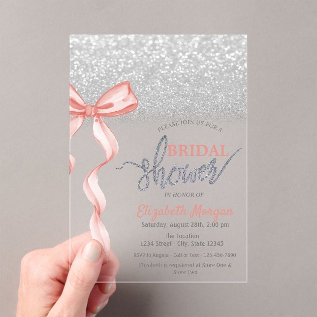 Pink Bow Silver Glitter Bokeh Bridal Shower Acrylic Invitations (Insitu (Handheld))