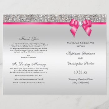 Pink Bow Silver Sequins Wedding Ceremony Program by GroovyGraphics at Zazzle
