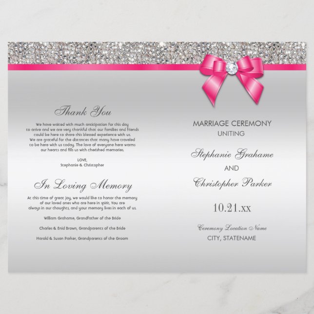 Pink Bow Silver Sequins Wedding Ceremony Program (Front)