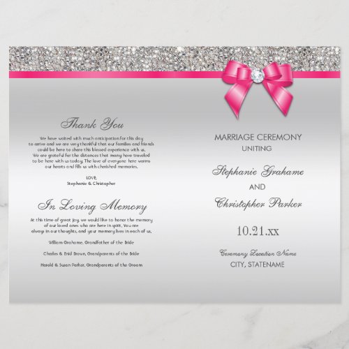 Pink Bow Silver Sequins Wedding Ceremony Program