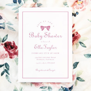 Pink Bow Simple Elegant Girl Baby Shower Invitation