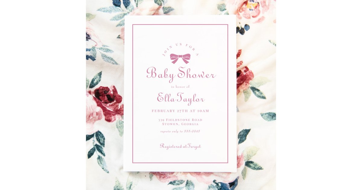 Pink Bow Simple Elegant Girl Baby Shower Invitation | Zazzle