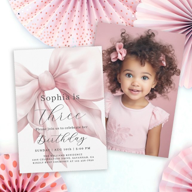Pink Bow Simple Girly Birthday Party with Photo Invitation (Available in both printed and instant download digital formats.)