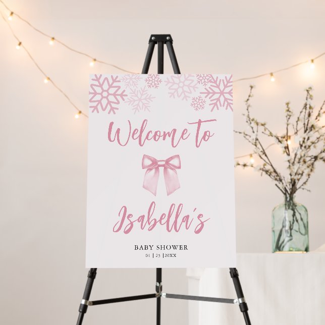 Pink Bow Snowflake Baby Shower Welcome Sign (In Situ (Stand))