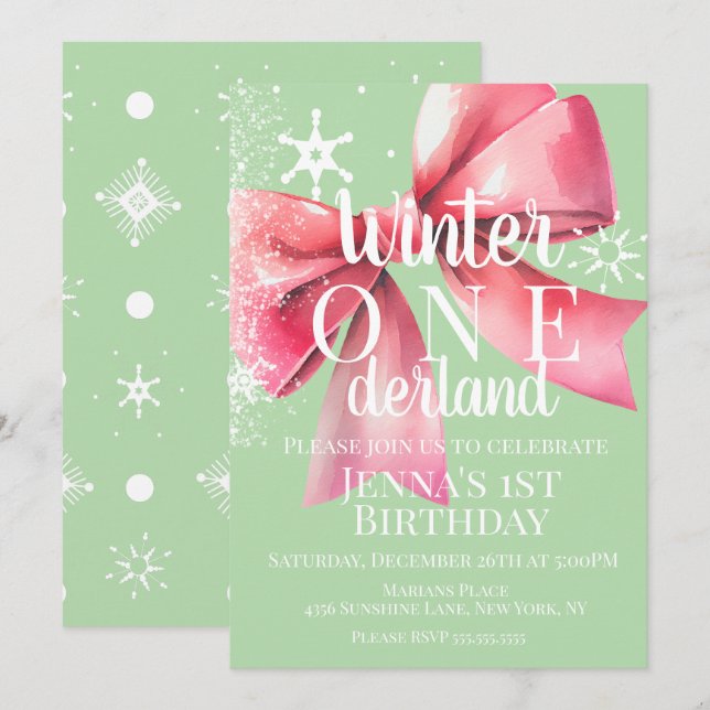 Pink Bow Snowflake Snow Script First Birthday  Invitation (Front/Back)