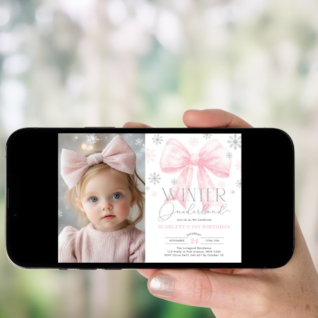 Pink Bow Snowflake Winter Onederland 1st Birthday Invitation (Front Digital)
