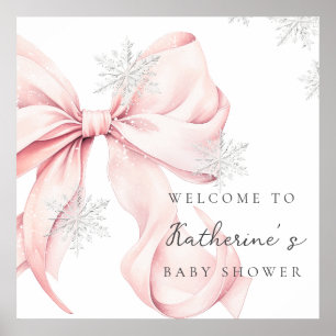 Pink Bow Snowflakes Baby Shower Welcome Poster