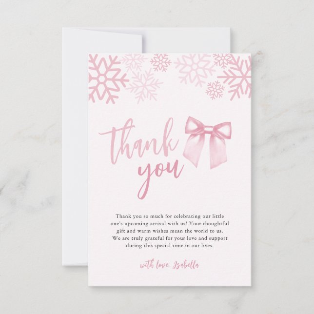 Pink Bow Snowflakes Winter Baby Shower Thank You Card (Front)