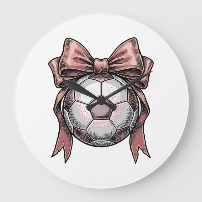 Pink Bow Soccer Ball Vintage Large Clock (Front)