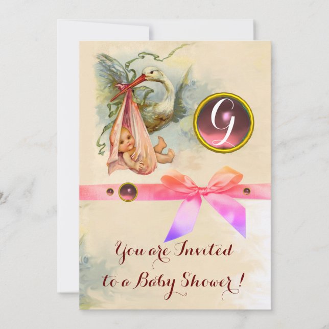 PINK BOW STORK GIRL BABY SHOWER GEMSTONE MONOGRAM INVITATION (Front)