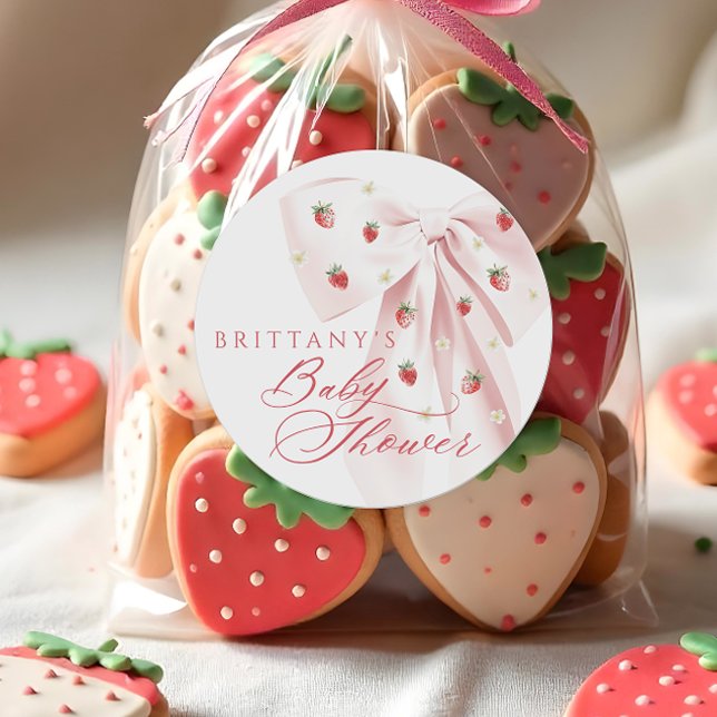 Pink Bow Strawberries Baby Shower Classic Round Sticker (Creator Uploaded)