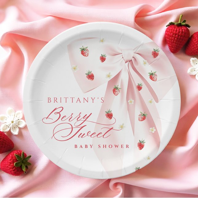 Pink Bow Strawberries Baby Shower Paper Plates (Creator Uploaded)