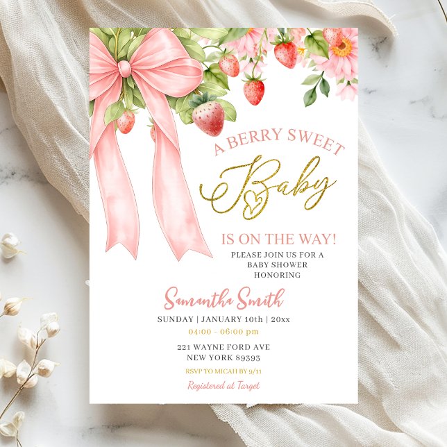 Pink Bow Strawberry Baby Shower Invitation (Creator Uploaded)