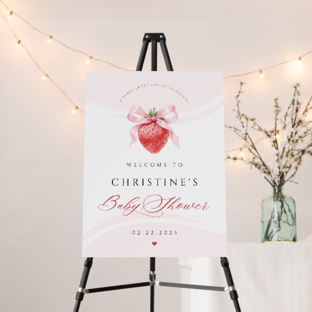 Pink Bow Strawberry Baby Shower Welcome Sign (In Situ (Stand))