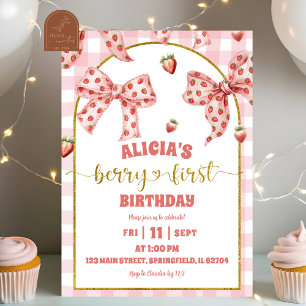 Pink Bow strawberry berry first birthday Invitation