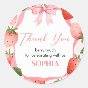 Pink Bow Strawberry Berry First Birthday Party Classic Round Sticker