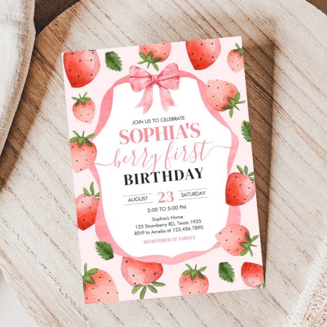 Pink Bow Strawberry Berry First Birthday Party Invitation (Pink Coquette Strawberry Berry First Birthday Party Invitation)