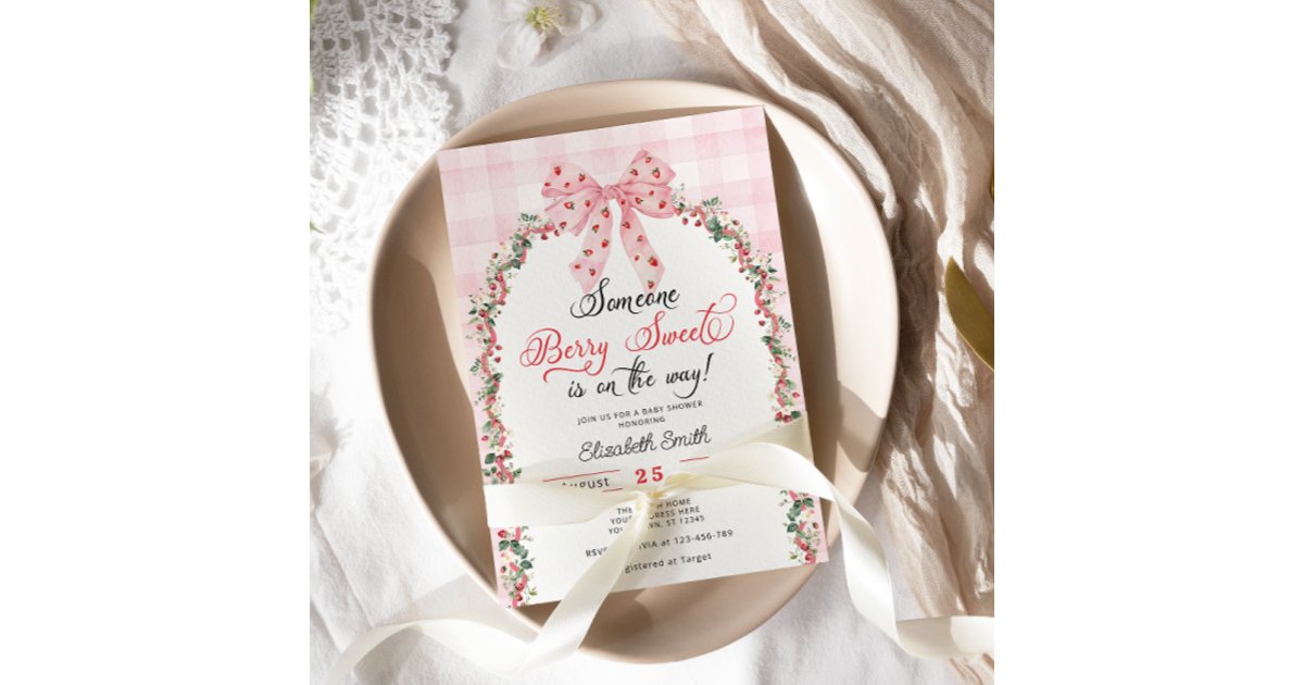 Pink Bow Strawberry Berry Sweet Girl Baby Shower Invitation | Zazzle