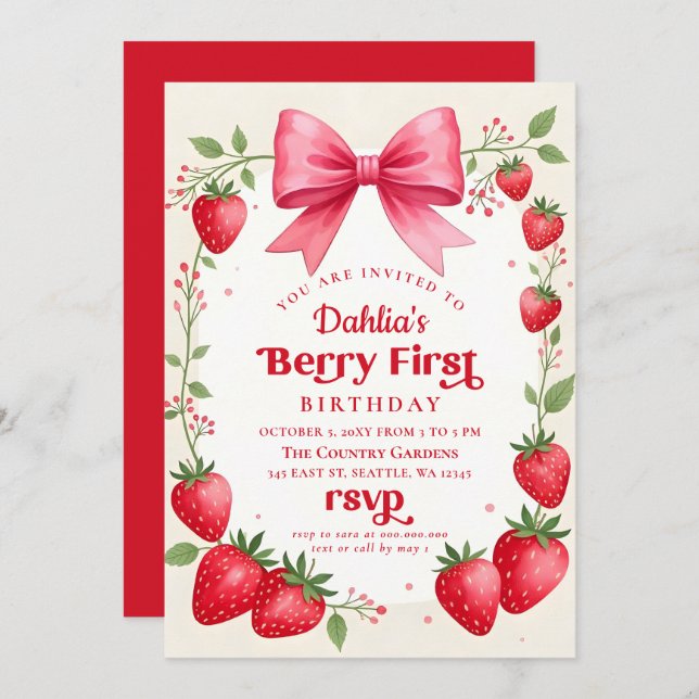 Pink Bow Strawberry Birthday Berry First Birthday Invitation (Front/Back)